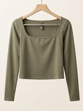 SKIMS Olive Square-Neck Long Sleeve Crop Top — Minimalist Stretch